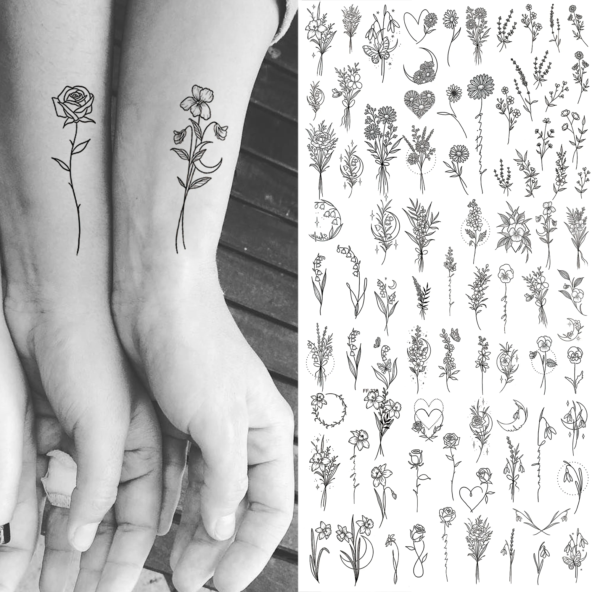 

1 Sheet Black Flower Florals Temporary Tattoos For Women Adults Fake Grass Blossom Tattoo Sticker Body Arm