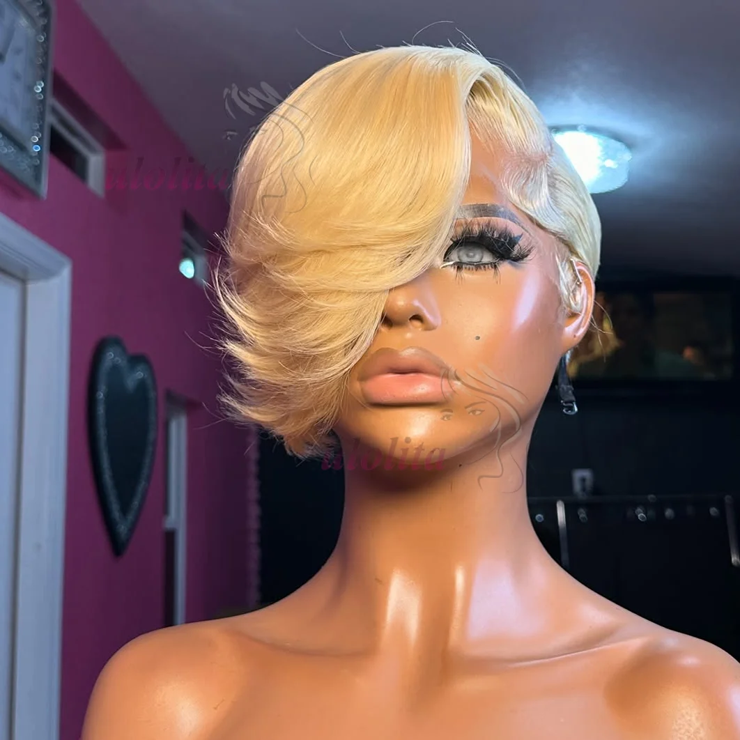 Pixie Cut Perücke Brasilianisches 613 Blondes Glattes Haar mit Seitenscheitel 13x4 Kurzer Bob HD Transparente Lace Front Echthaarperücke für Frauen – Detail 5