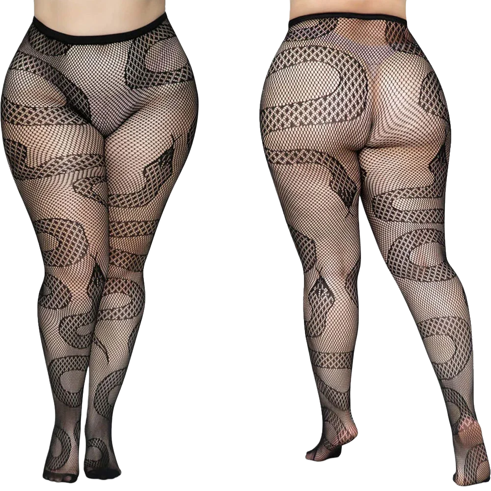Plus Size 90-140kg Women\'s High Waist Sexy Fishnet Black Tight Exotic Fishnet Pantyhose Flame Halloween Patterned Nylons Stockin