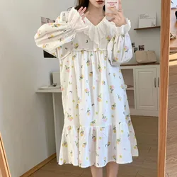 Floral Women Nightgown Ruffles Sleepwear Korean Nightwear Autumn Long Sleeve Sleeping One Piece Pajamas Lace V-neck Night Dress