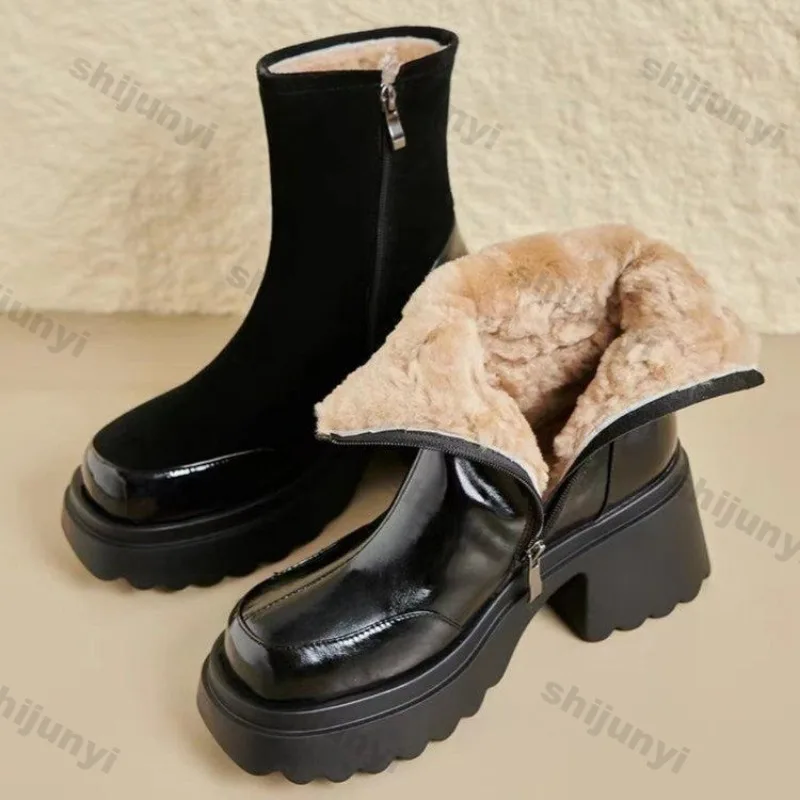 2025 Winter Women's Snow Boots Plush Warm Comfortable Zipper High Heels Height Raising Platform Waterproof Fashion Short Boots