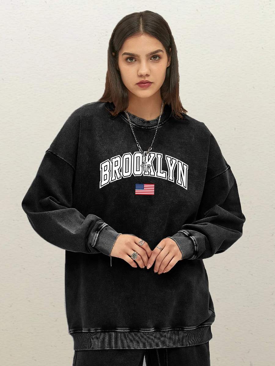 Brooklyn Art Letter Printed Pullover Women Cotton Loose Washed Sweatshirt Fashion Crewneck Streetwear Retro Loose Clothes