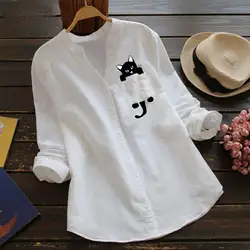 Spring Autumn Women Shirt Animal Pattern Solid Color V Neck Long Sleeve Single-breasted Blouse Streetwear Kawaii Blouses Tops