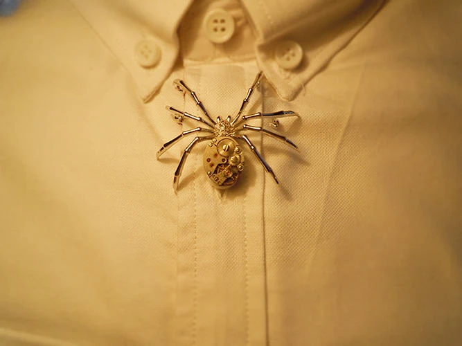 

Gears, insects, silver spider brooches, pins