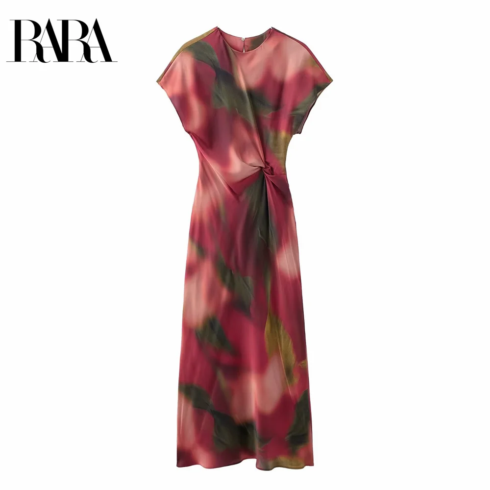 2025 RARA Spring New Women's Round Neck Waist Silk Satin Texture Printed Midi Dress Casual Loose Versatile Skirt