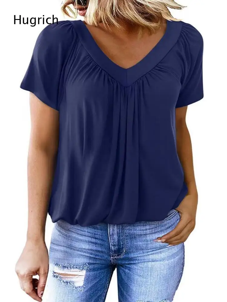 V Neck Short Sleeve Casual Blouse Front Vertical Pleats Elastic Hem Solid Navy Soft Flowy Fabric Loose Women Daily Top