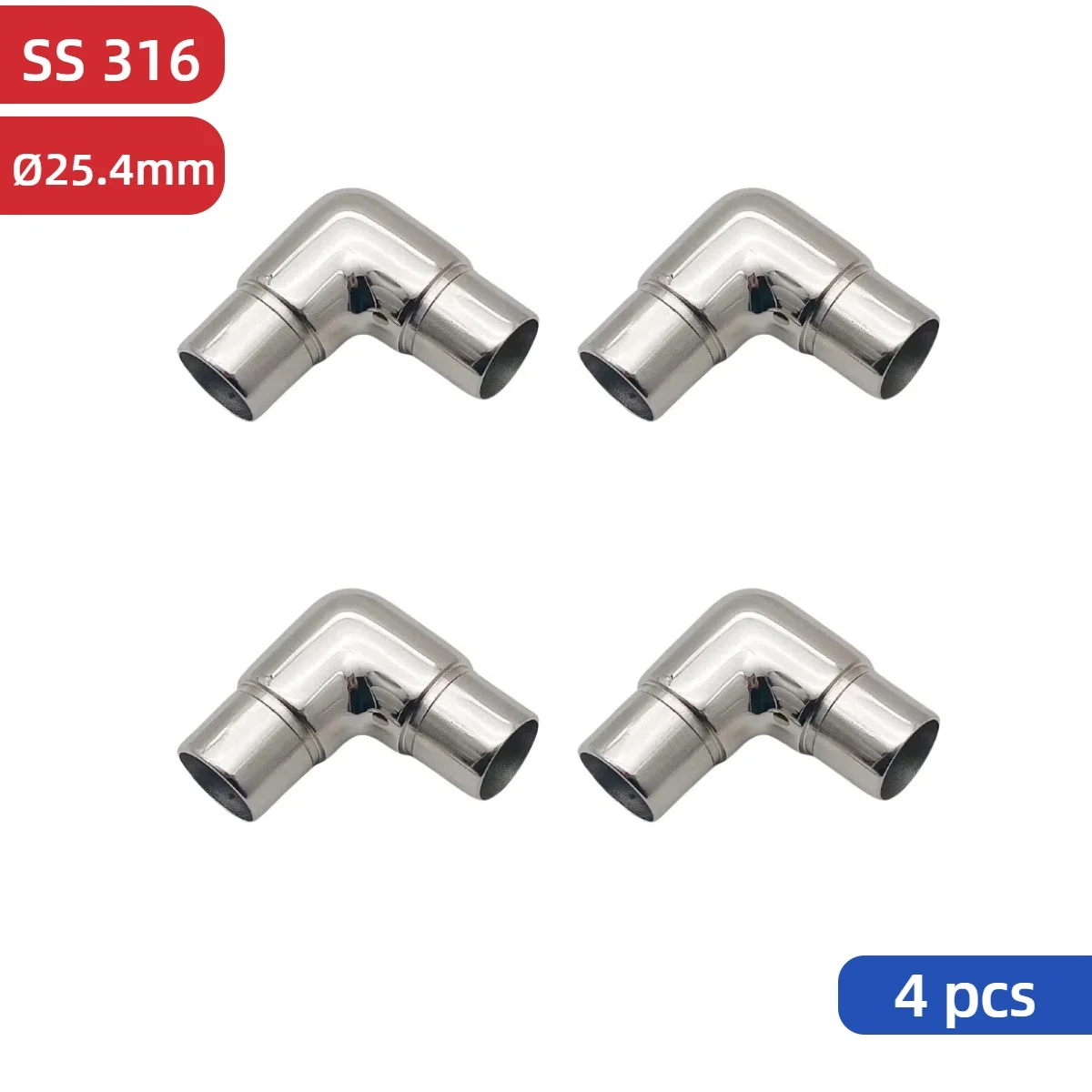 4PCS 316 Stainless Steel Staircase Handrail 90 Degree Corner Elbow L Shape Tube Connector for 25.4mm Stair Railing