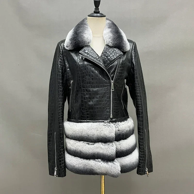 Giacca da donna di nuovo Design collo in pelliccia di coniglio Rex staccabile e bordo inferiore cappotto in pelle di montone moda giacche da Moto