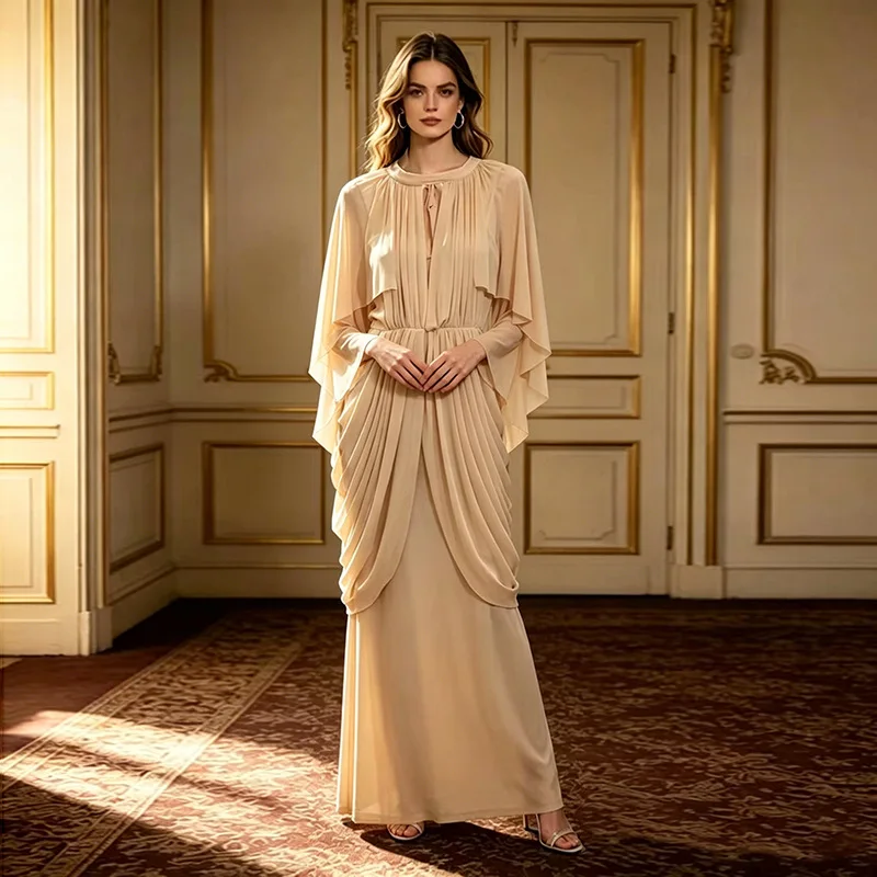 

High Quality Mesh Shawl Wrinkle Long Dresses Spring Women Long Sleeves O Neck Dress High Waist Waist Casual Knee Length Dress
