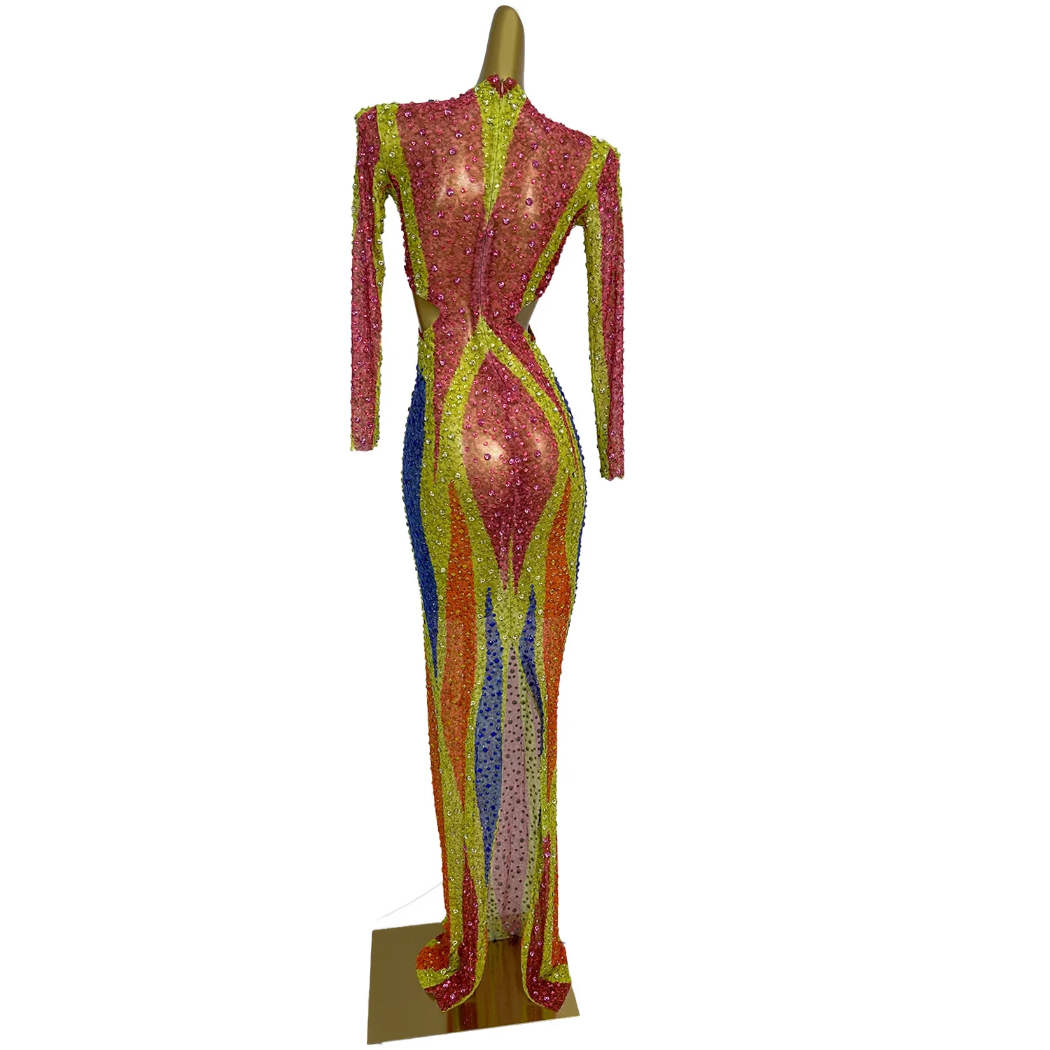 섹시한 컬러 라인스톤 생일 파티 이브닝 연회 롱 드레스 여성용 컷아웃 프롬 가운 플로어 기장 디너 파티 드레스 클럽웨어