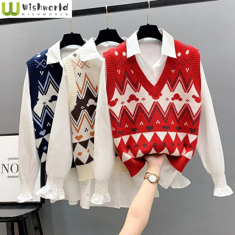 Spring and Autumn New Sweater Women's Shirt Vest Single Piece Set Knitted Sweater Loose Western-style Casual Top