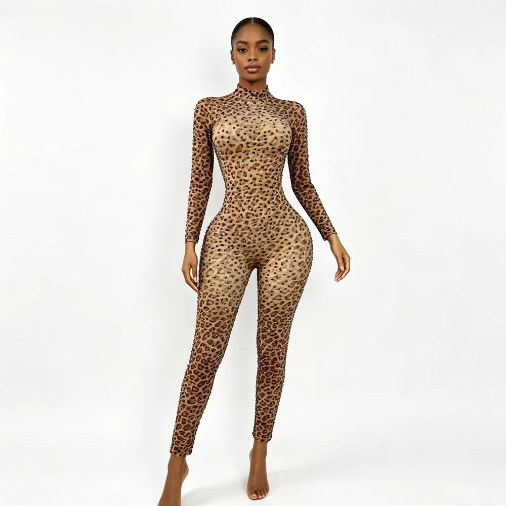 Women Leopard Print Crystal Jumpsuit Long Sleeve High Neck Tight Rompers Nightclub Party Club Singer Performance Stage Costume