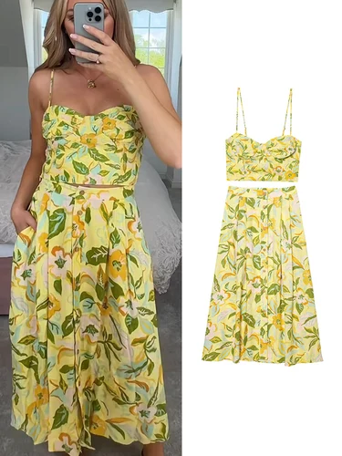 TFMLN-Conjunto de dos piezas de falda con estampado Floral para mujer, camisola Sexy con tirantes, estilo informal para vacaciones en la playa, faldas acampanadas, novedad