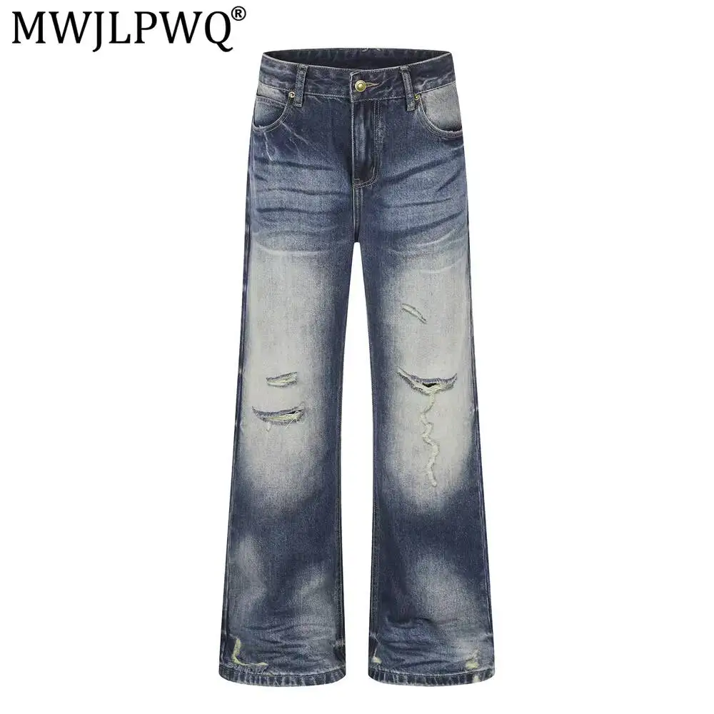 MWJLPWQ Washed Gradient Denim Flared Pants For Men Casual Vibe High Street Fashion Autumn Ripped Loose Wide-Leg Trousers 20124
