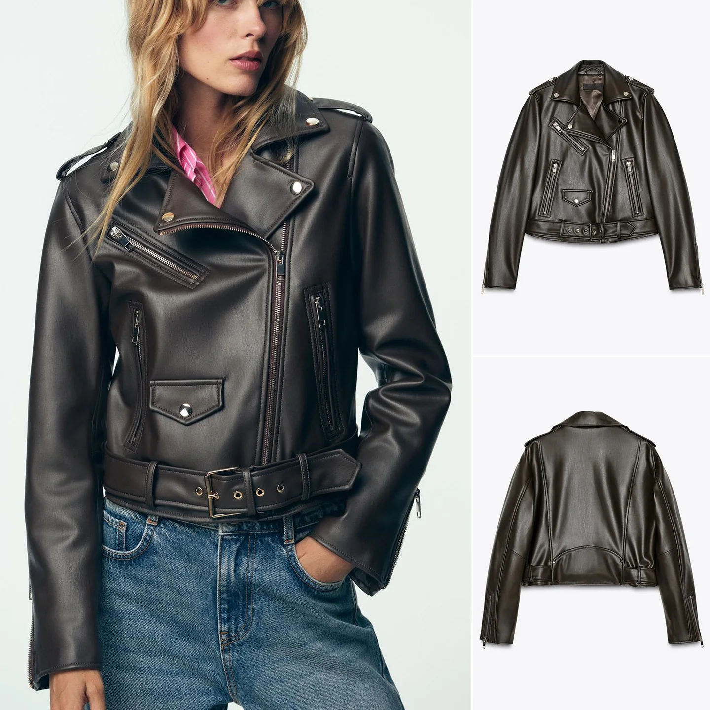 

Briti Sle Байкерская куртка из искусственной кожи, осеннее новое поступление, длинный воротник-стойка с застежкой-молнией, длина для поездок на работу