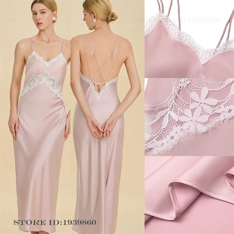 

Sexy Womens Long Nightgown Sleepwear Sexy Hollow Out Lace Nightdress Homewear Elegant French Style Satin Nightie Loungewear