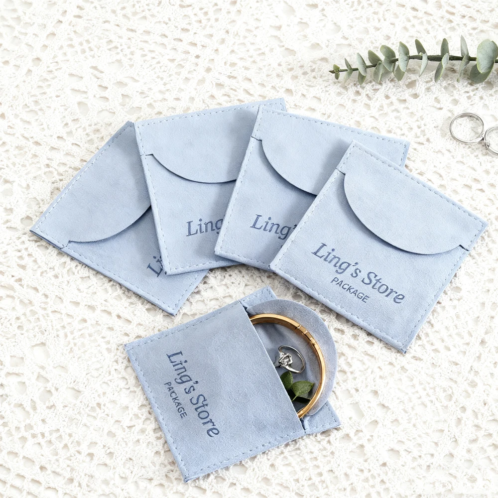 

50Pcs Custom Logo Baby Blue Microfiber Jewelry Storage Bags Stud Earring Ring Charm Necklace Organizer Promotional Gifts Pouches