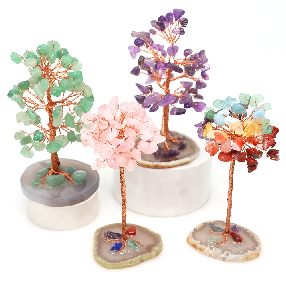 Lucky Wealth Tree Copper Wire Winding Natural Crystal Quartz Gravel Stone Agate Base Healing Feng Shui Ornaments Home Decoration
