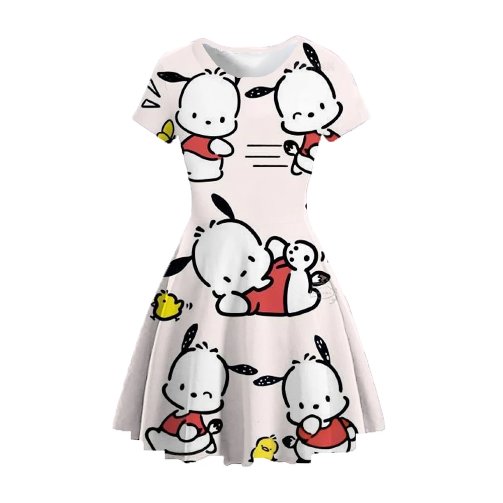 Pachel cute cartoon printing round neck short sleeves cool and comfortable, waist slimming slim pleated skirt