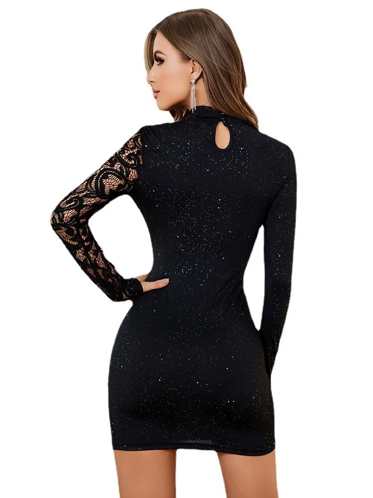 Sexy Mini-jurken Dames Vrouwelijke Feestjurken Bruiloftsgast Temperament Dames Skinny Glitter Contrast Kant Uitsparing Bodycon Jurk