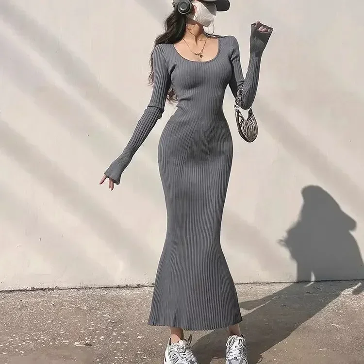 

Women Autumn Winter Solid Maxi Long Sweater Dress Elegant Casual Fashion Pullover Bodycon Slim Streetwear Knitted Dress 2023 New