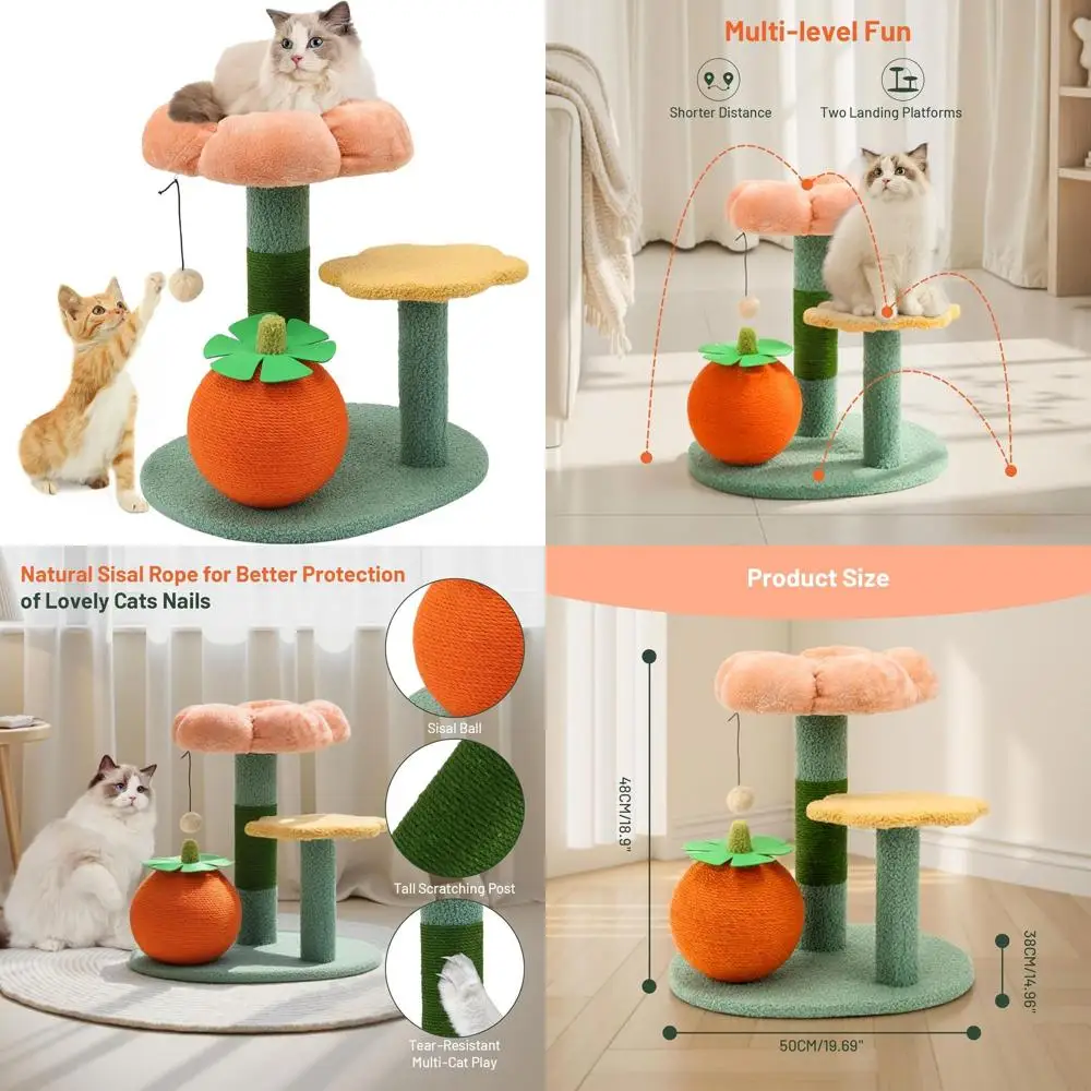 

Indoor Cat Sugar Ball Scratching Post with 2-Level Wooden Track and Interactive Hanging Ball
