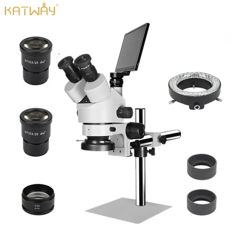 

Katway HH-MS02B Trinocular Stereo Microscope with 7X-45X Magnification, LCD Display, 56-LED Light, and Single-Arm Boom Stand