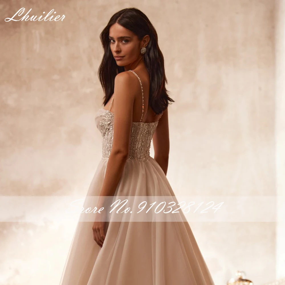 Lhuilier-Elegant A Linha Tulle Vestidos de casamento, até o chão, cintas de espaguete, frisada Lace, vestidos nupciais com Trem Tribunal