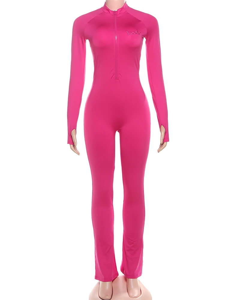 Nibber Letter Embroidery Jumpsuit Women Zip Full Sleeve O-Neck Sporty High Stretch Skinny Street Simple Classic Workout Outfits