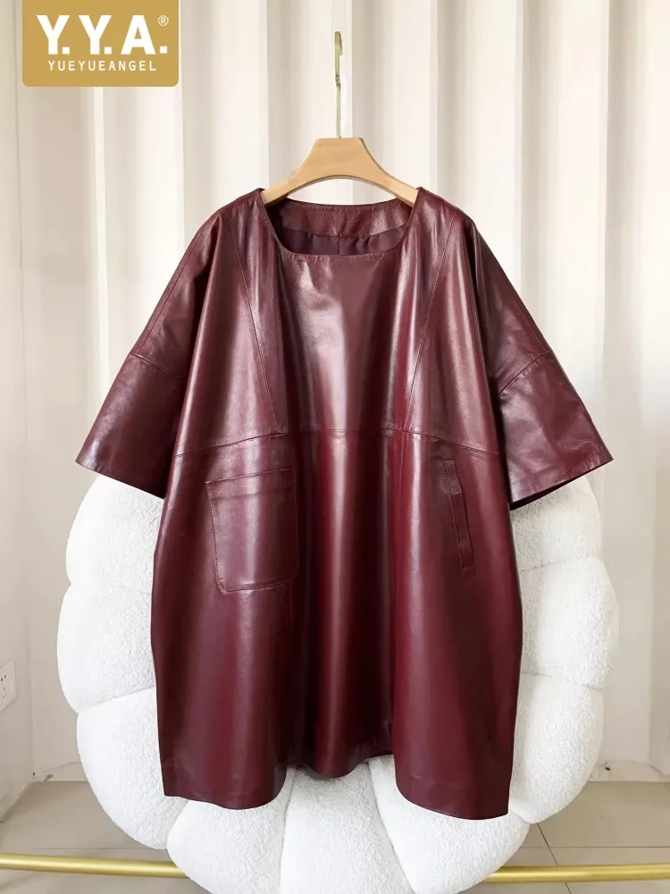 Frauen Casual Übergroßen Echtes Leder Kleid O Hals Kurzarm Lose Fit Natürliche Echt Leder Kleider Herbst Neue Streetwear