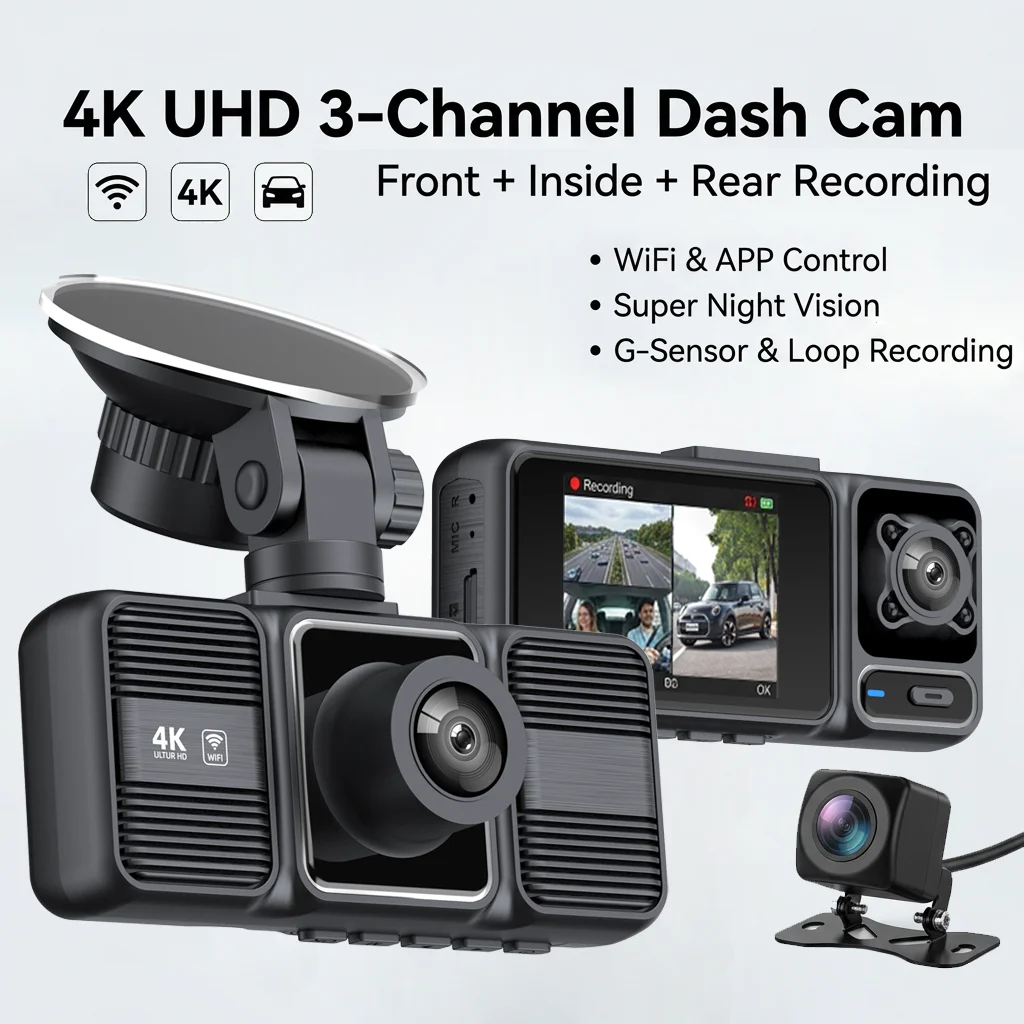 

Three-Channel Dash Cam 4K Ultra HD Front Camera with WiFi APP Control 2.0" IPS Wide Angle Car Dashboard Camera for Taxi Uber