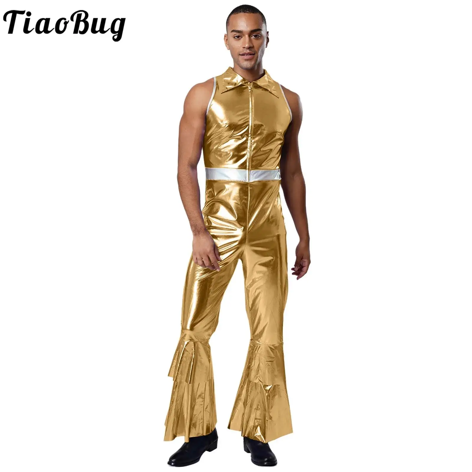 

Men Shiny Metallic 70s Dsco Hippie Costume Jazz Dance Wear Lapel Collar Sleeveless Bell Bottom Flared Jumpsuit Rave Dance Party