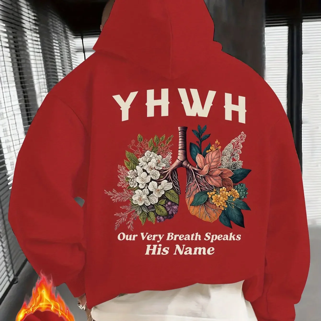 Floral Anatomical Lung Art Print Inspirational Slogan Back‑print Brown Oversized Thick Fleece Unisex Drawstring Hoodie Pullover