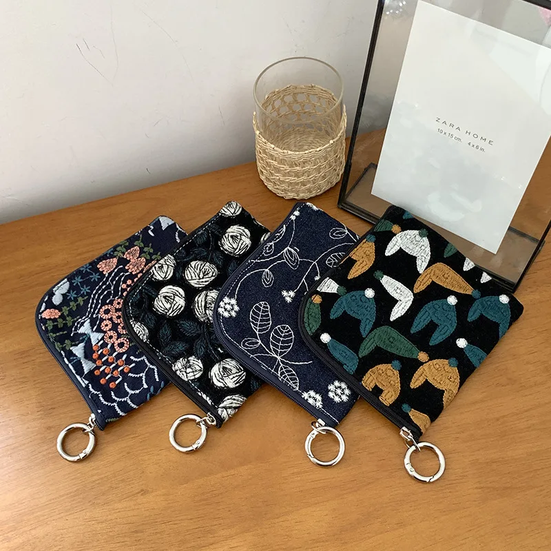 Women's Coin Purses Cotton Linen Embroidery Japanese Harajuku Fashionable Wallets Lipstick Headphones Mini Storage Bags For Girl