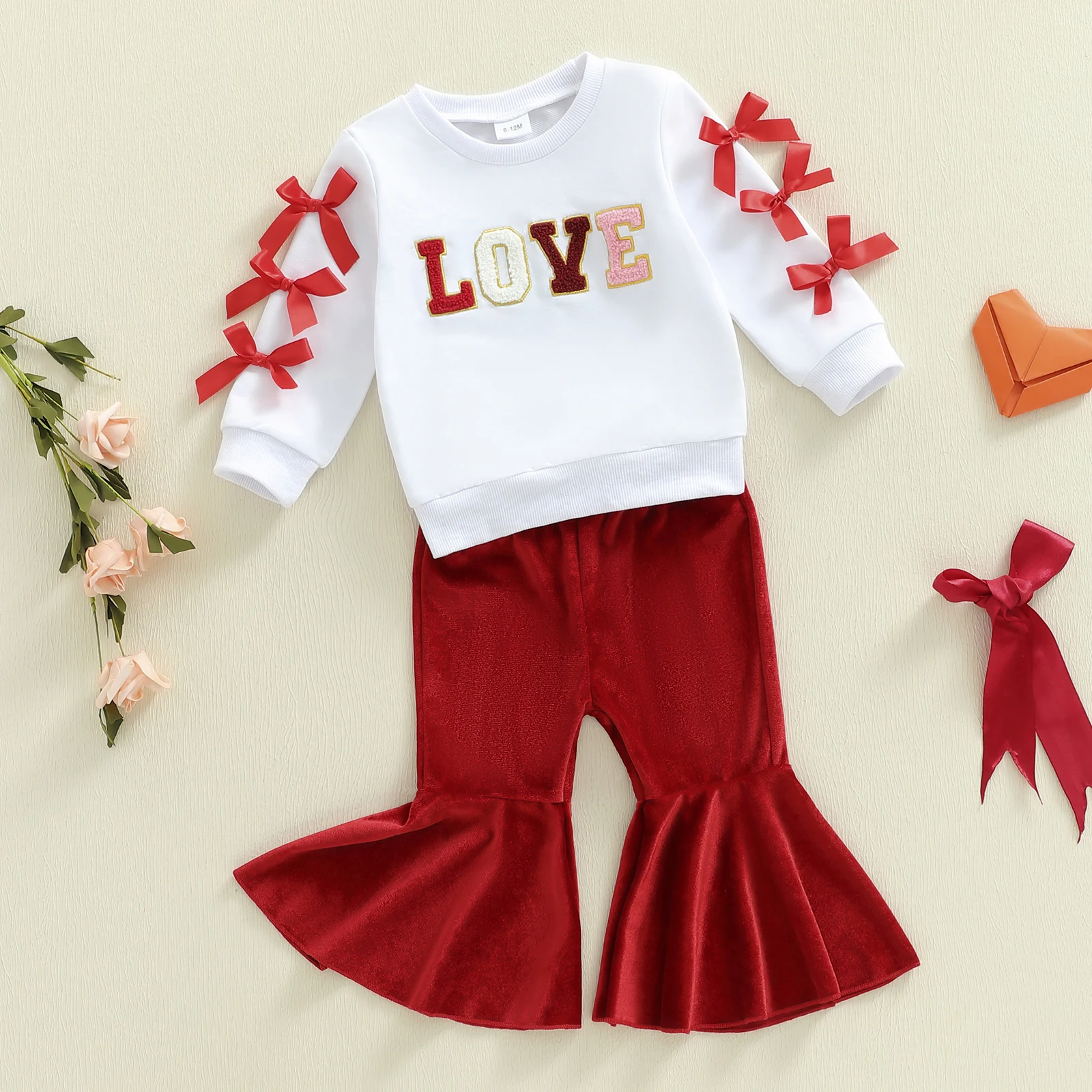 1-4Y Toddler Baby Girl Valentines Day Outfit Bow Letter Long Sleeve Sweatshirt Solid Flare Pants 2 Piece Children's Sets
