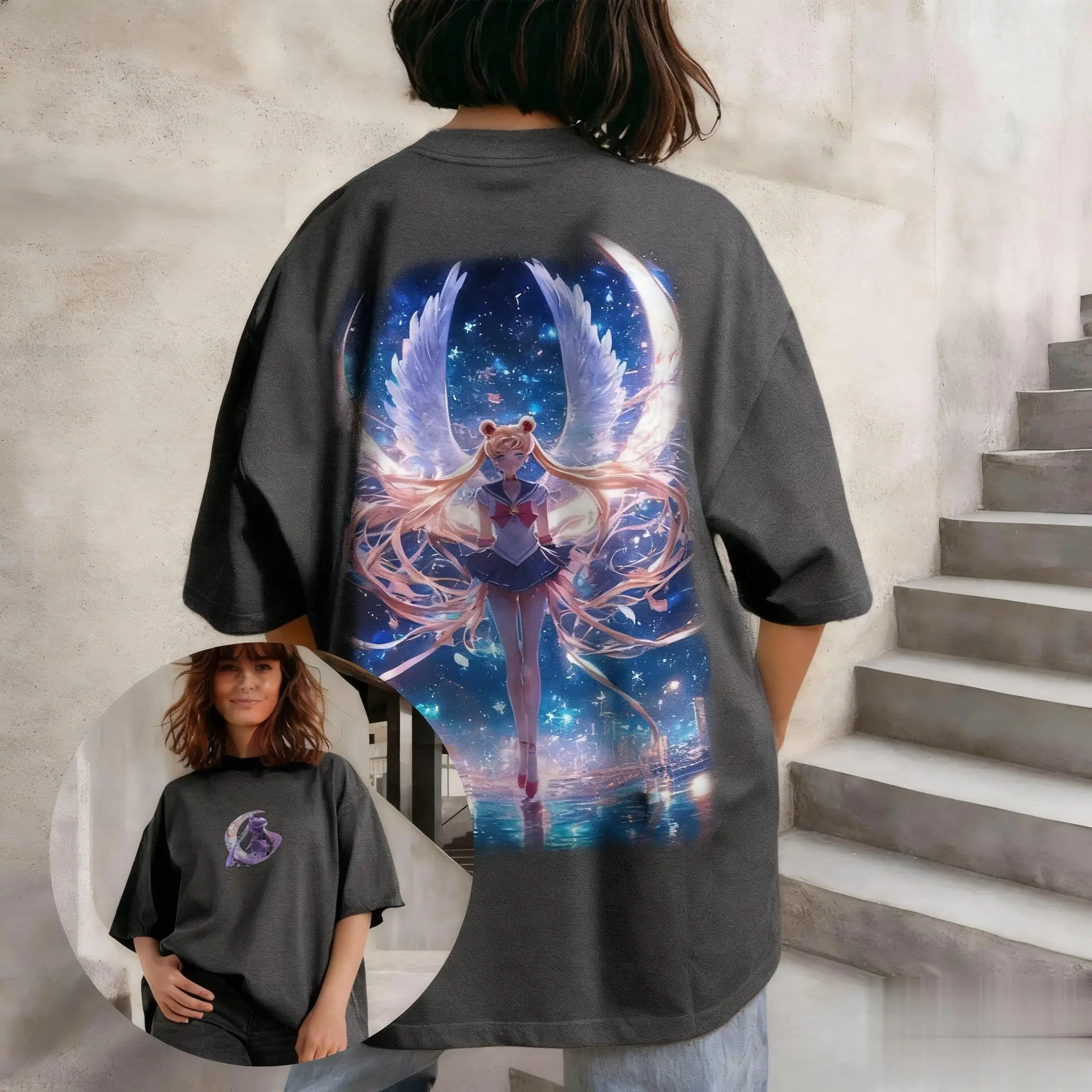 بحار القمر أنيمي تي شيرت مطبوع الرجال النساء المتضخم خمر الصيف عادية القطن قصير الأكمام الشارع الشهير الجرافيك المحملة Y2k الملابس