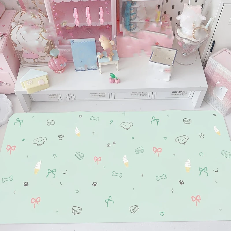 PU Leather Mouse Pad Pink White Grid Cute Cartoon Cat Puppy Mouse Pad Office Desk Mat Waterproof Non-Slip PU Desk Blotter Pad