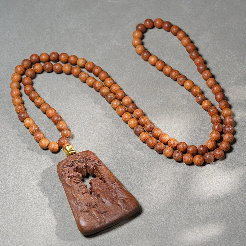 Indonesian Golden Star Red Sandalwood 08mm Necklace Wooden String Prayer Beads With Landscape Carved Tag Cultural Play Jewelry