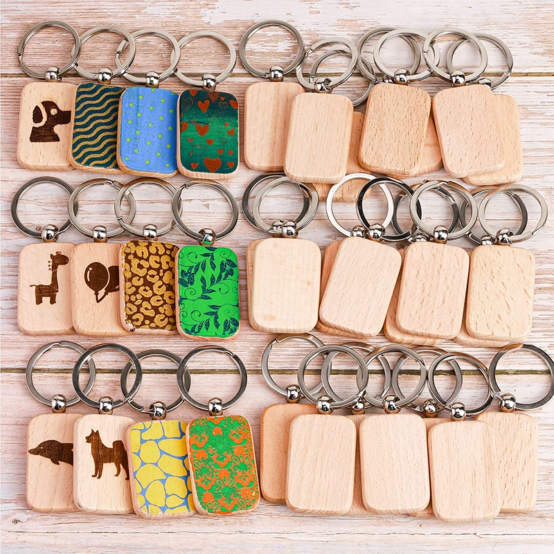 Retângulo inacabado redondo madeira Tag chave, Blanks, madeira Keychain para artesanato DIY, 70pcs