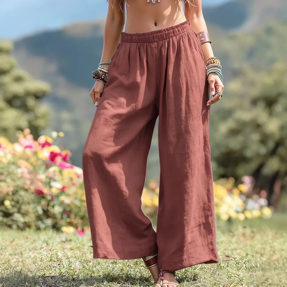 Womens Loose Fit Wide Leg Trousers Elastic Waist Cotton Blend Casual Pants Solid Color Comfy Summer Daily Essential Bottoms