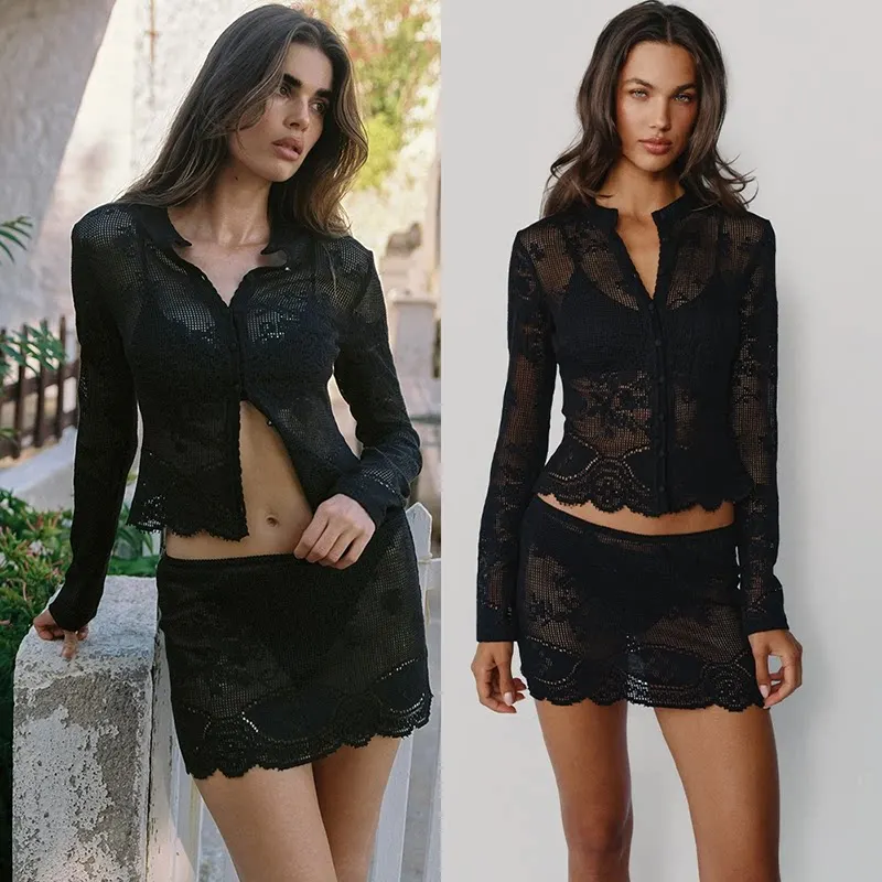 With Jen Black Round-Neck Crochet Lace Cardigan with Wavy Trim Mini Lace Bodycon Short Skirt Pencil Skirt Set