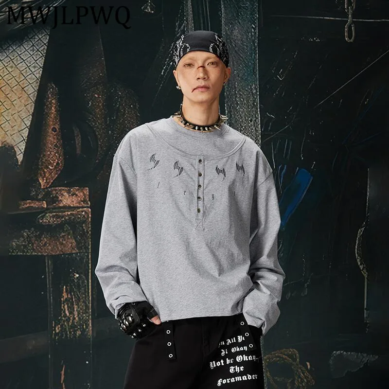 

Футболка MWJLPWQ с двойным воротником и принтом, мужская, в уличном стиле, весенняя, свободного кроя, с длинным рукавом, хлопковая, 13539