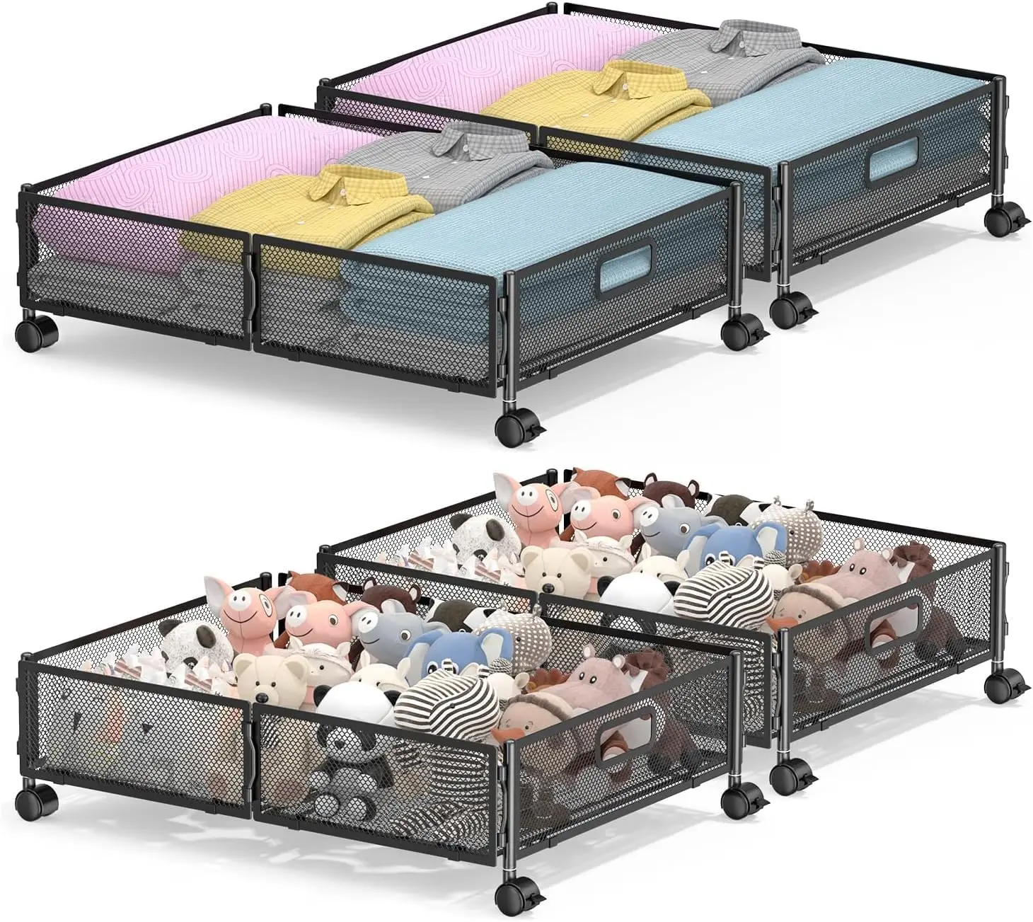 

Складные контейнеры для хранения под кроватью на колесиках для обуви и одежды, легко перемещаемые, 4 шт., черные