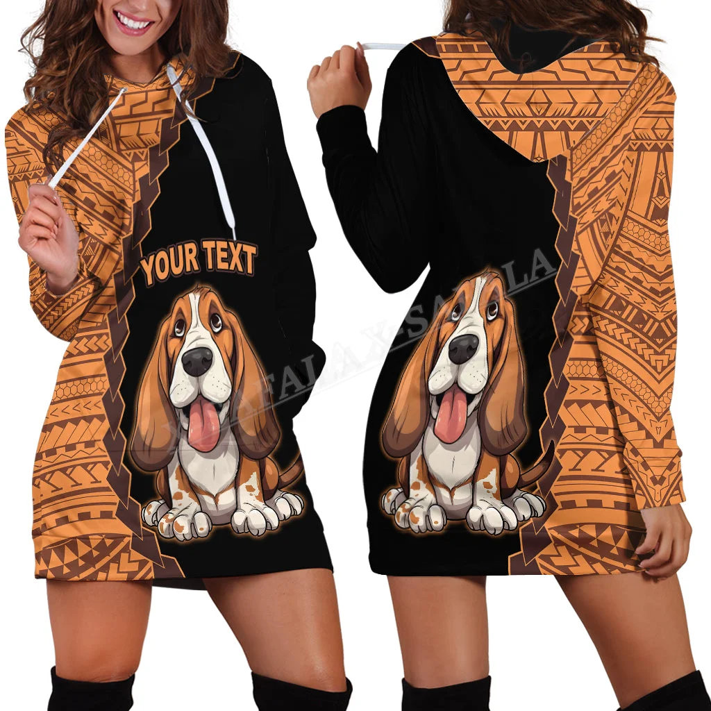 Basset Hound Dog Polynesian Tribal 3D Print Fashion Slim Hoodie Dress Women Casual Wear Long Sleeve Hooded Sweatshirt Pullover