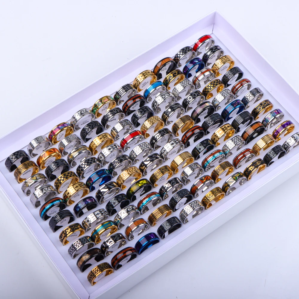 10/20/30/50Pcs/Lot Stainless Steel Fashion Ring Wood Grain Ring Men's Wedding Ring Women's Party Mixed Style Random Style view 5