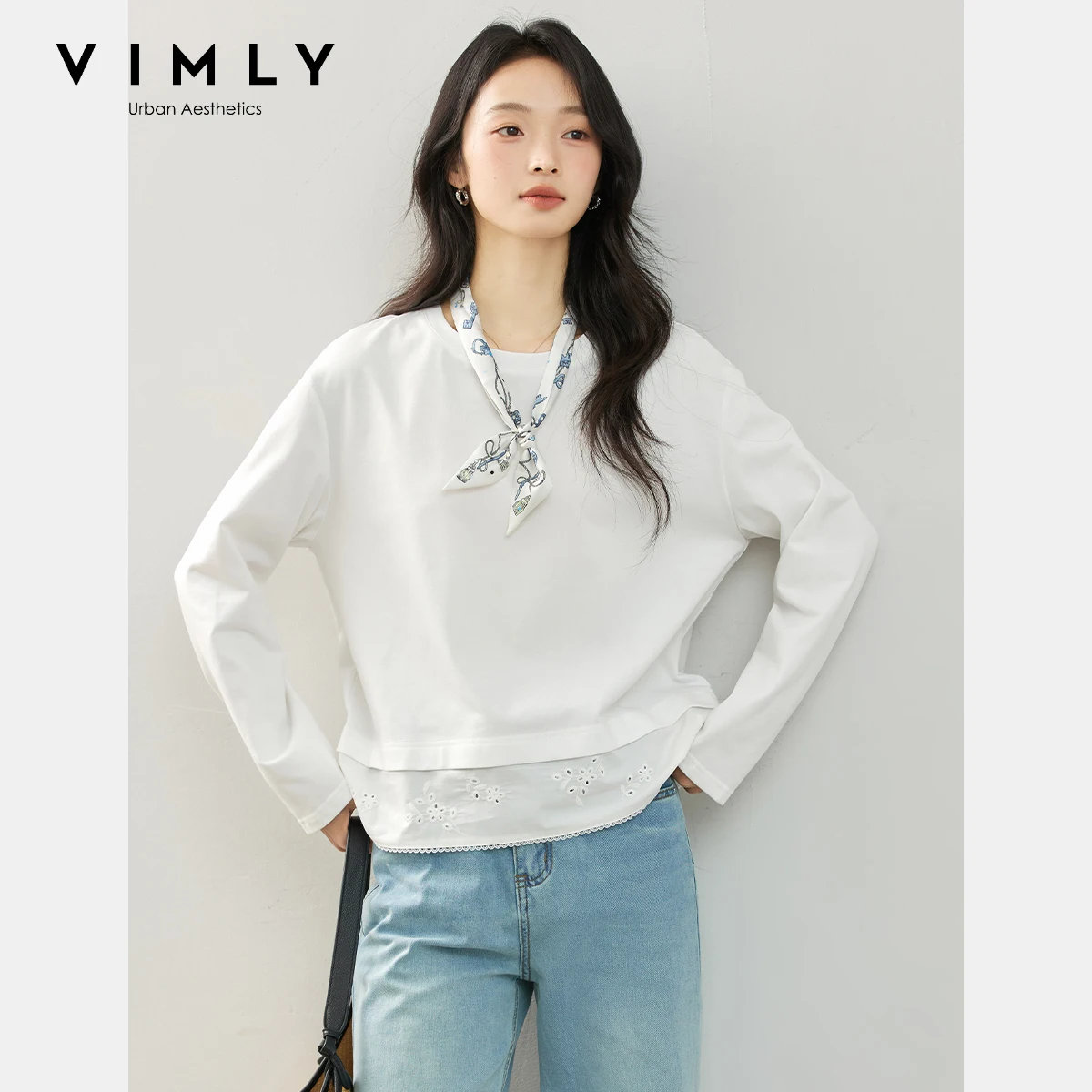 

VIMLY White Pure Cotton T-Shirts Autumn Woman 2025 Casual Hollow Embroidered Long Sleeved T-shirts New Female Knitted Top A1966