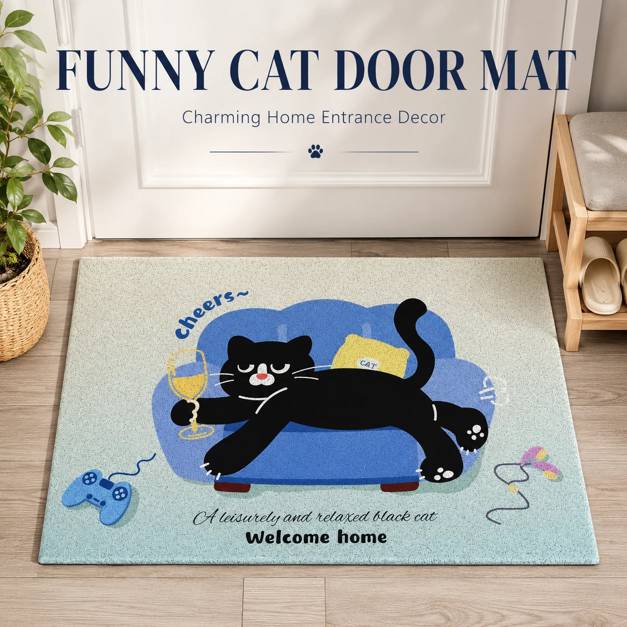 

Welcome Home Entrance Door Mat Funny Black Cat Drinking Wine 2D Flat Printed Felt Rug Non-Slip Hallway Kitchen Floor Carpet