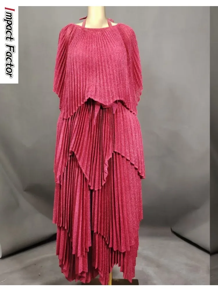 

Новый однотонный комплект Miyake с рукавами «летучая мышь», свободная модная свободная распашная юбка на шнурке, комплект из двух предметов плиссированной женской одежды