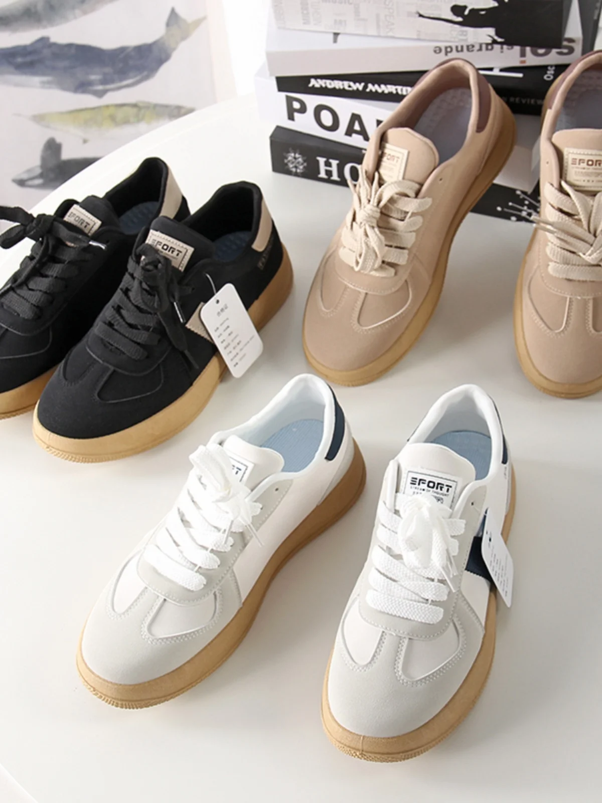 

Retro Rubber Bottom Ultra-Leather Men's Casual Shoes Fashionable All-Season Sneakers Thick-Heeled Round-Toe Water-Resistant