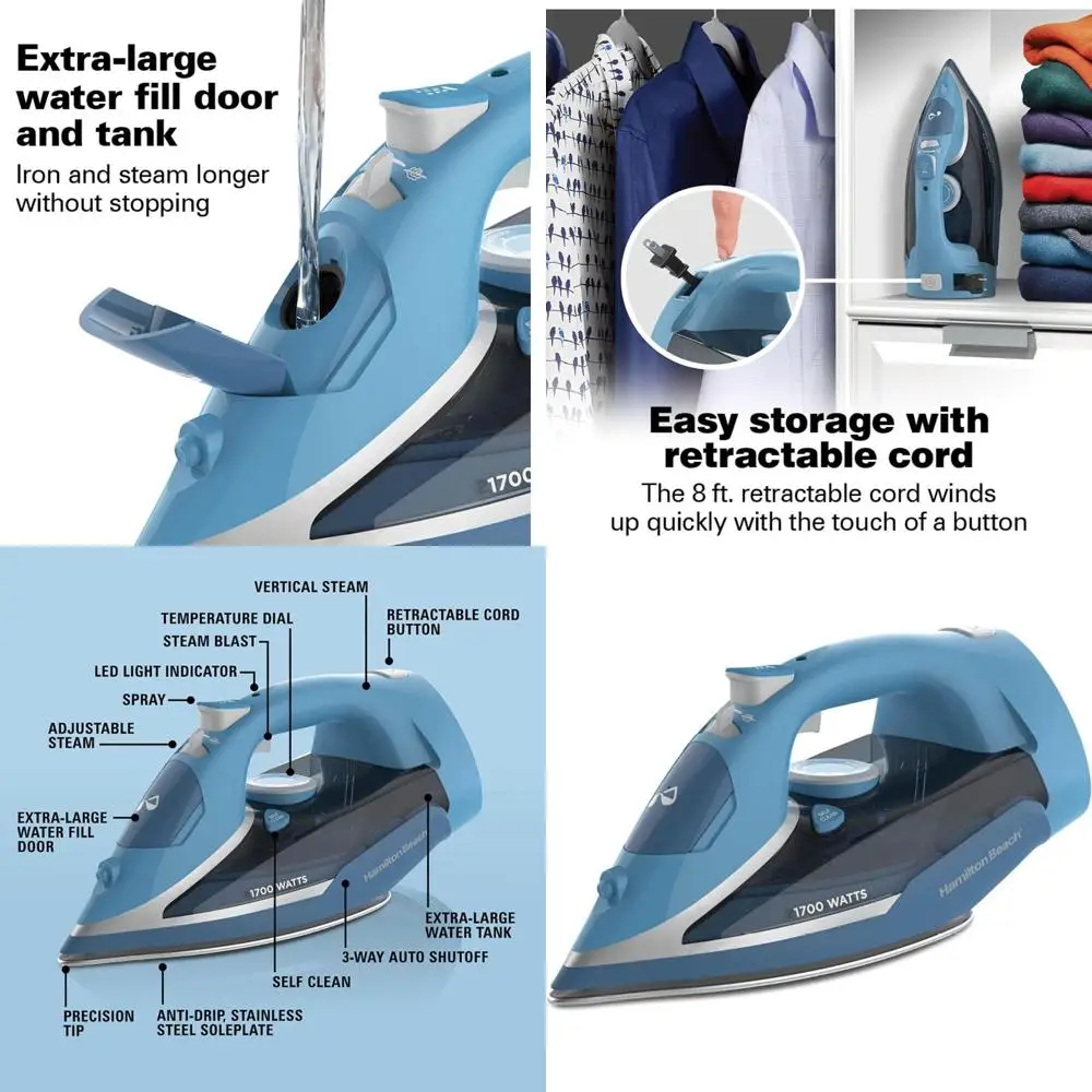 

Паровой утюг для одежды с быстрым нагревом 1700 Вт, подошвой из нержавеющей стали, резервуаром 350 мл, шнуром 2,4 м, функцией автоматического отключения, синий